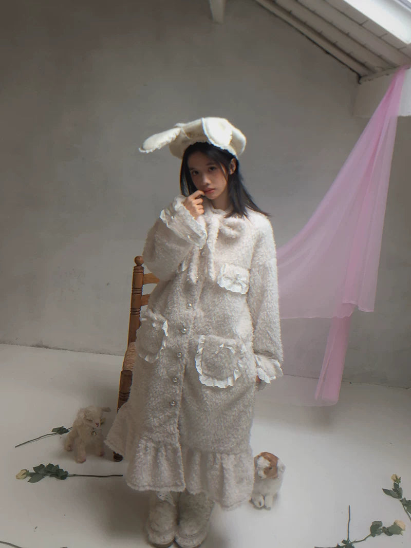 Plush Bow Ruffle Long Coat