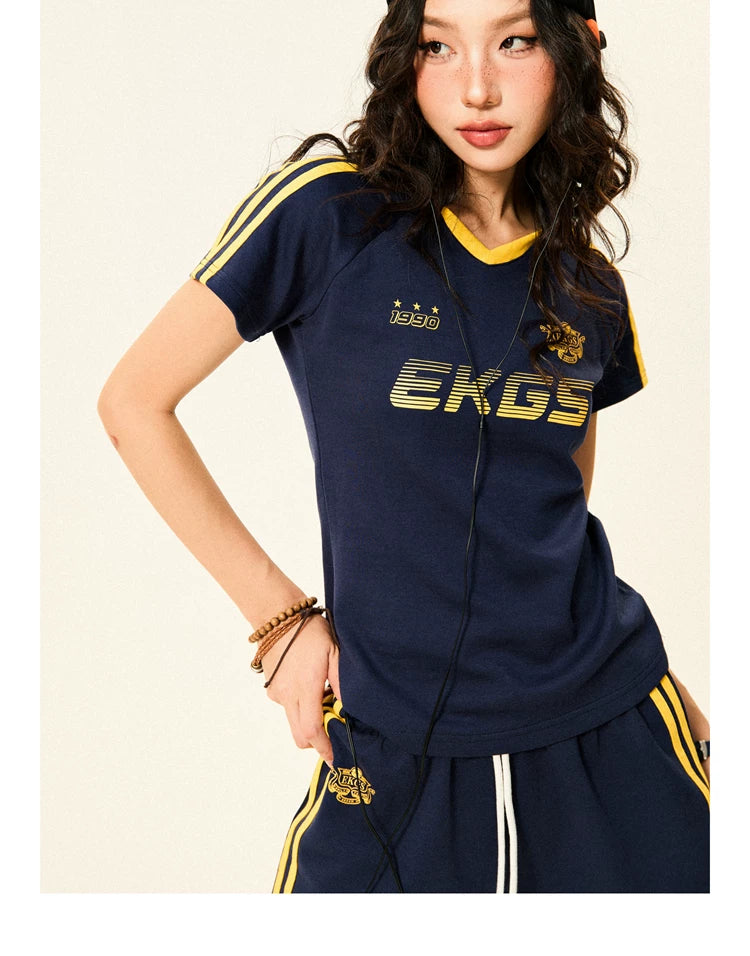 Stripe Letter Print Short Sleeve T-Shirt & Short Pants Setup