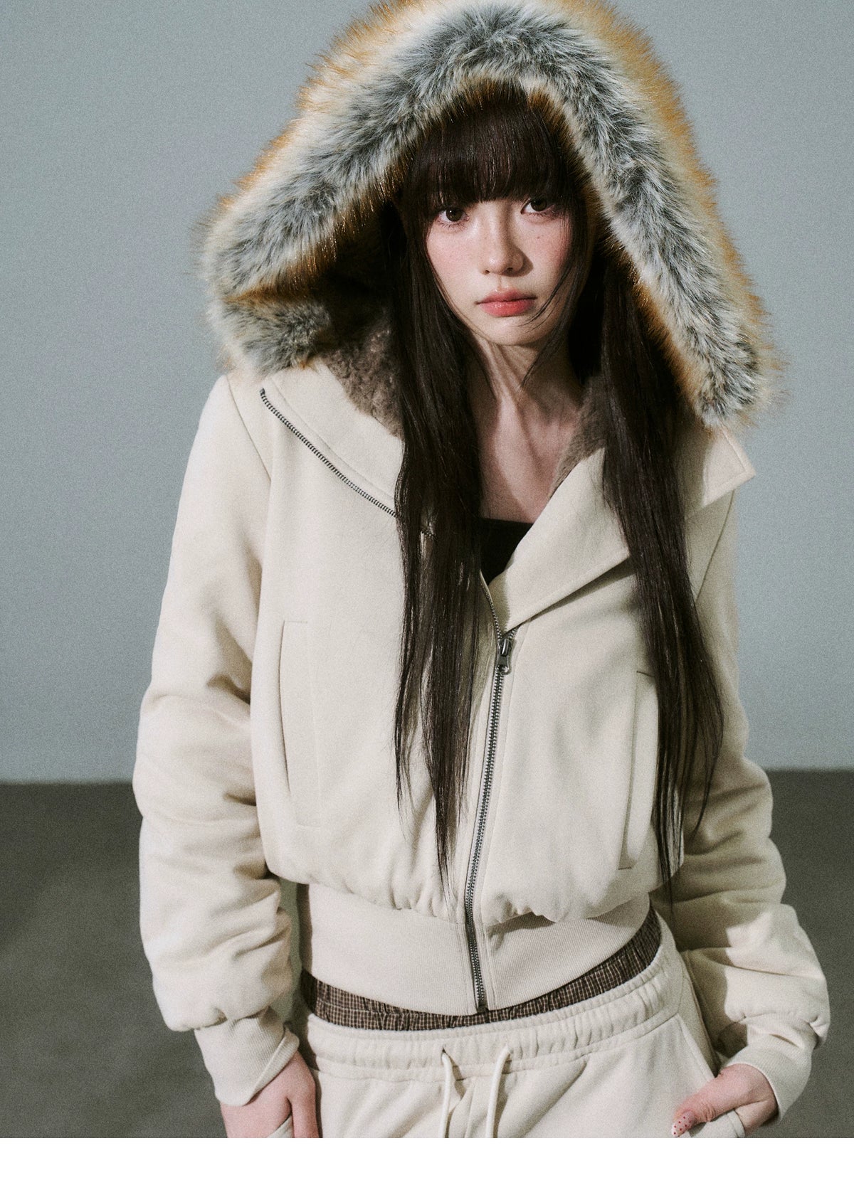 Fake Fur Hooded Zip-Up Jacket & Seatpants Setup