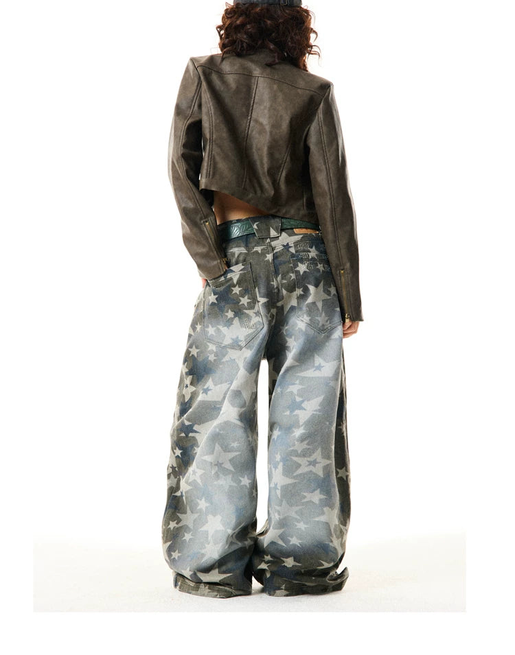 Star Print Damage Wide Leg Denim Jeans