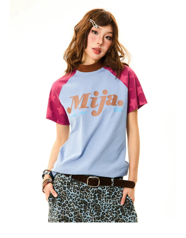 Raglan Sleeve Letter Print Fitted Short Sleeve T-Shirt