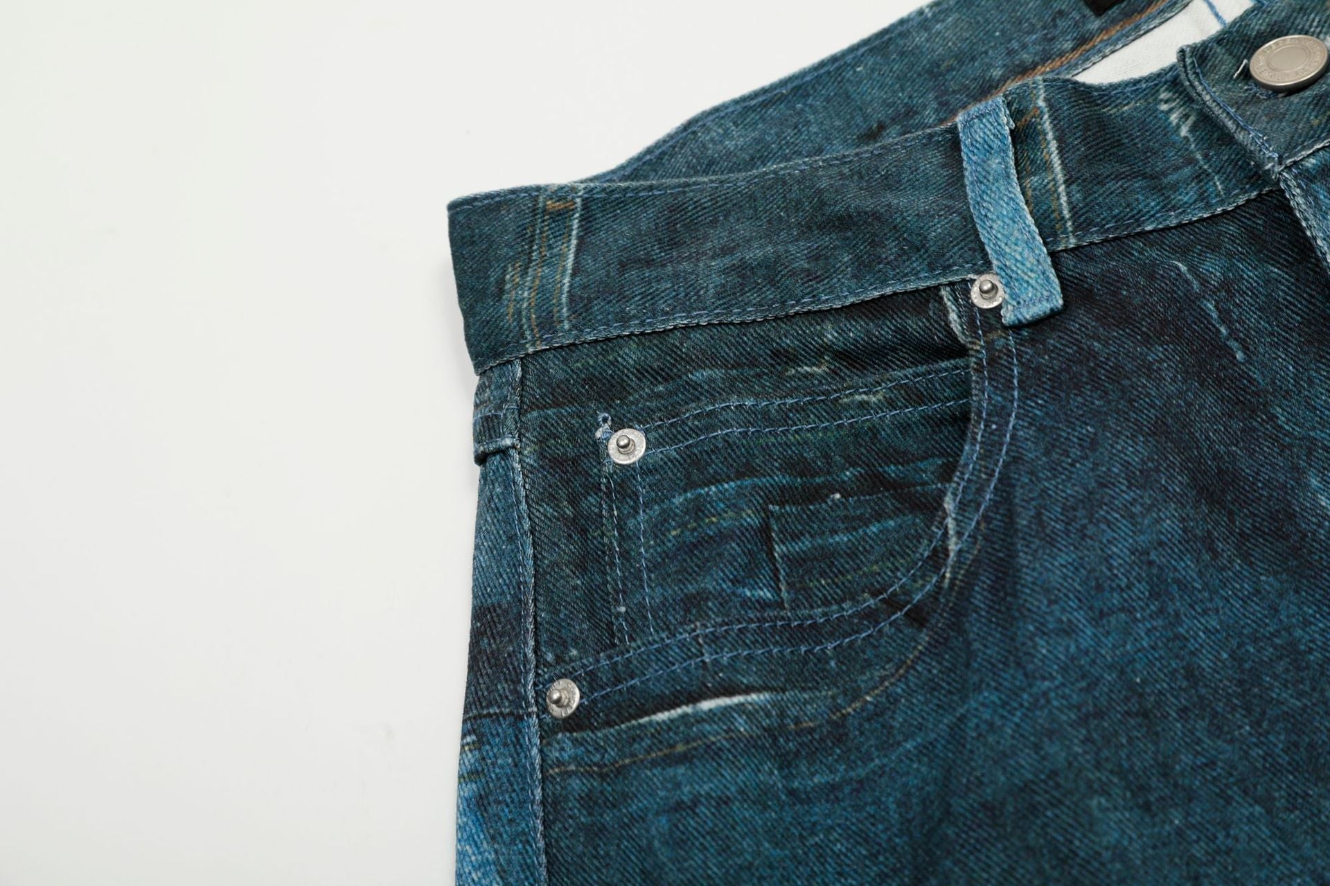 Washed Irregular Print Wide Leg Curved Denim Jeans