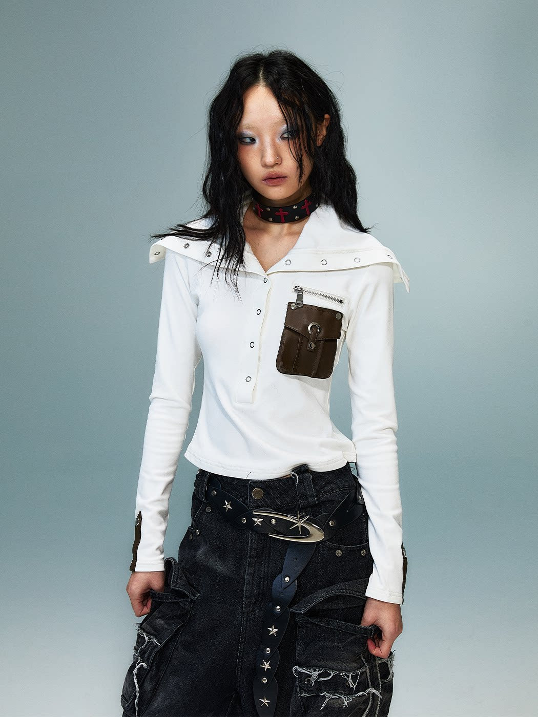 High-Neck Convertible Slim Knit Long Sleeve Shirt