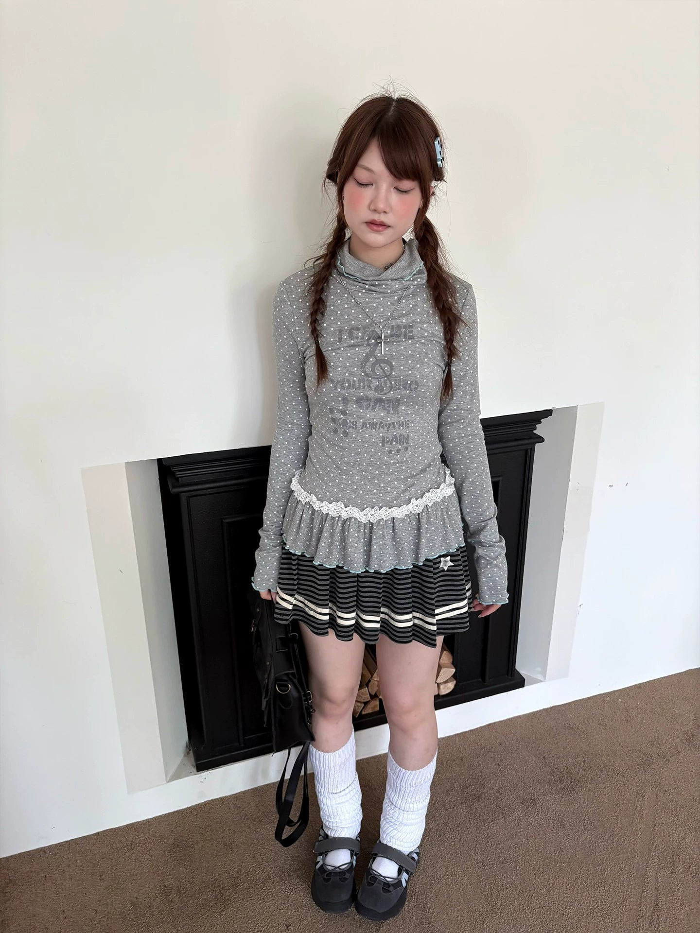 Polka Dot Lace High-Neck Long Sleeve T-Shirt