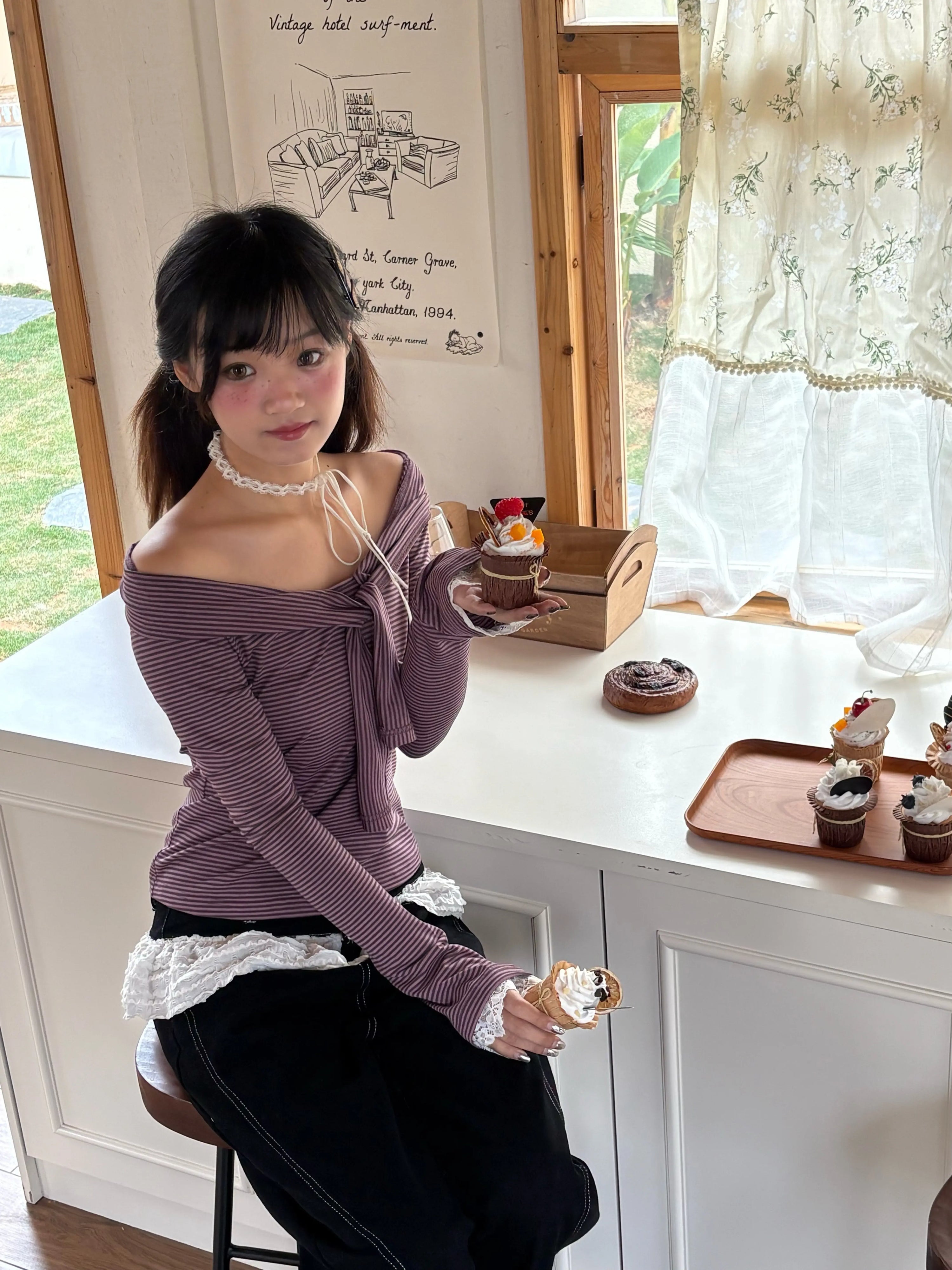 Striped Lace Trim Tie Detail Long Sleeve T-Shirt