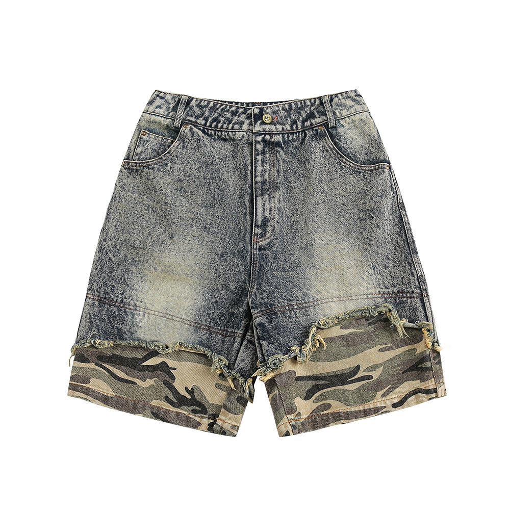 Patchwork Camouflage Distressed Denim Shorts