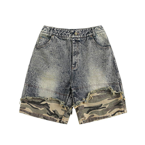Short en jean effet patchwork camouflage vieilli - M / bleu