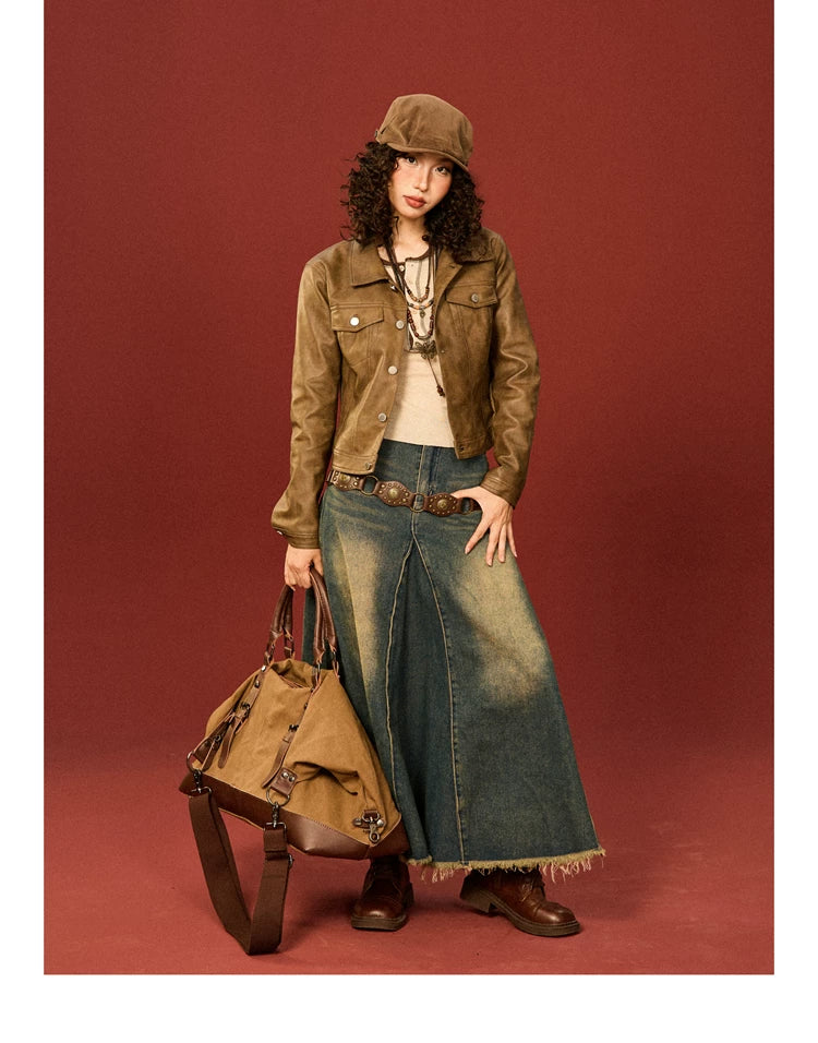 PU Leather Standing-Collar Short Jacket