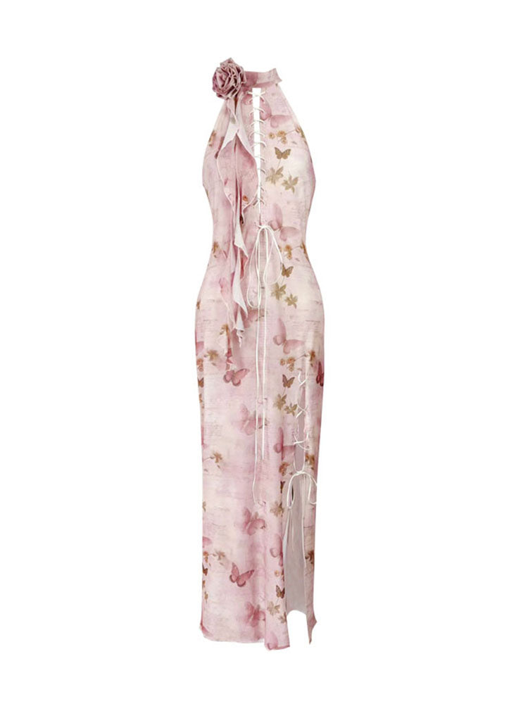 Butterfly Print Slit Tie-Strap Long Cheongsam Dress