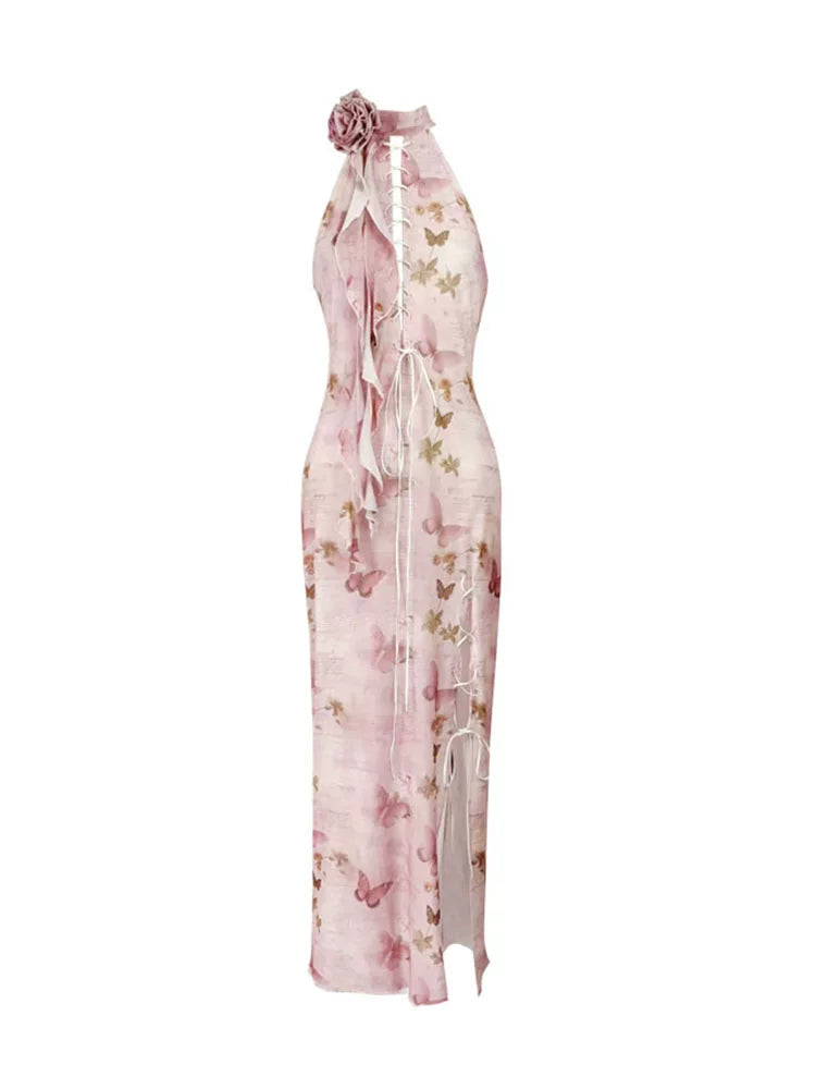 Butterfly Print Slit Tie-Strap Long Cheongsam Dress