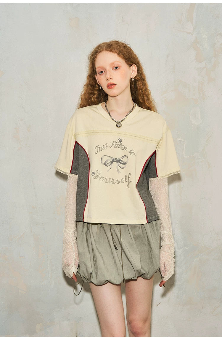 Bow Print V-Neck Short Sleeved T-Shirt