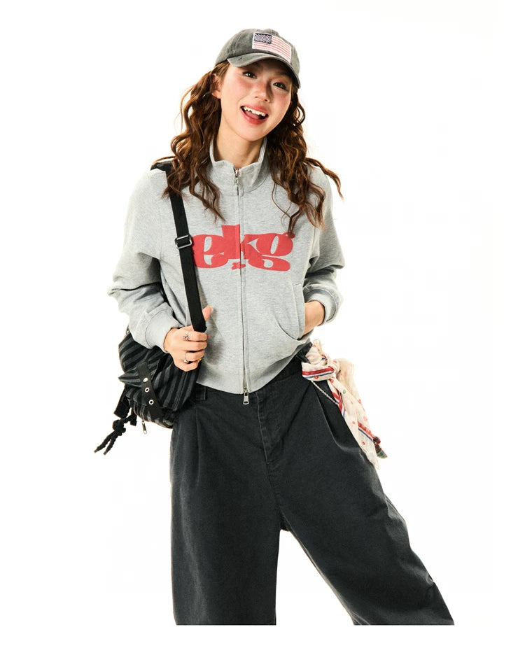 Letter Print Fitted Zipper Hoodie