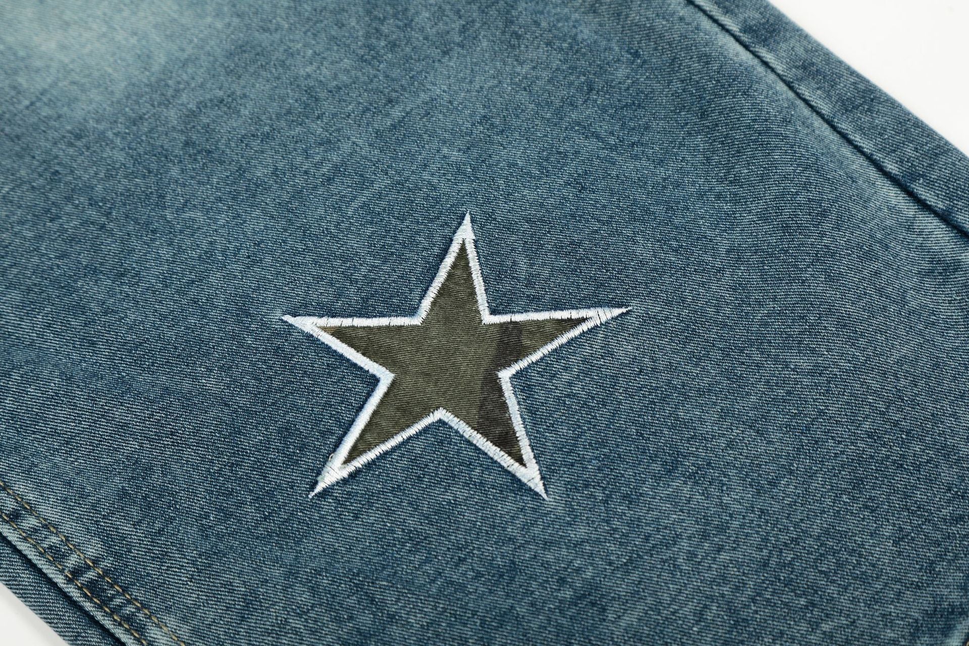 Washed Star Applique Wide Leg Denim Jeans