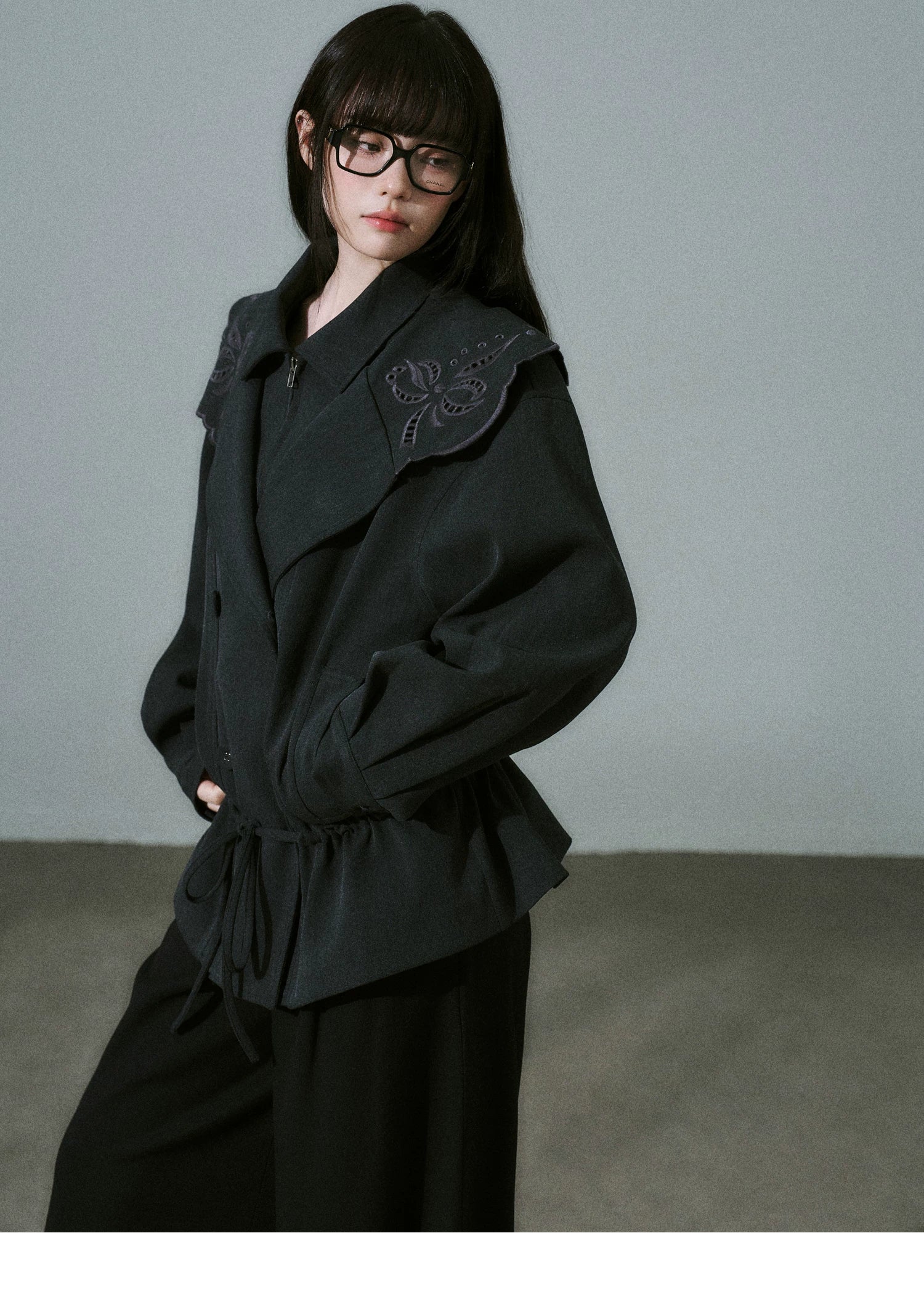 Embroidery Collar Drawstring Waist Double-Breasted Jacket