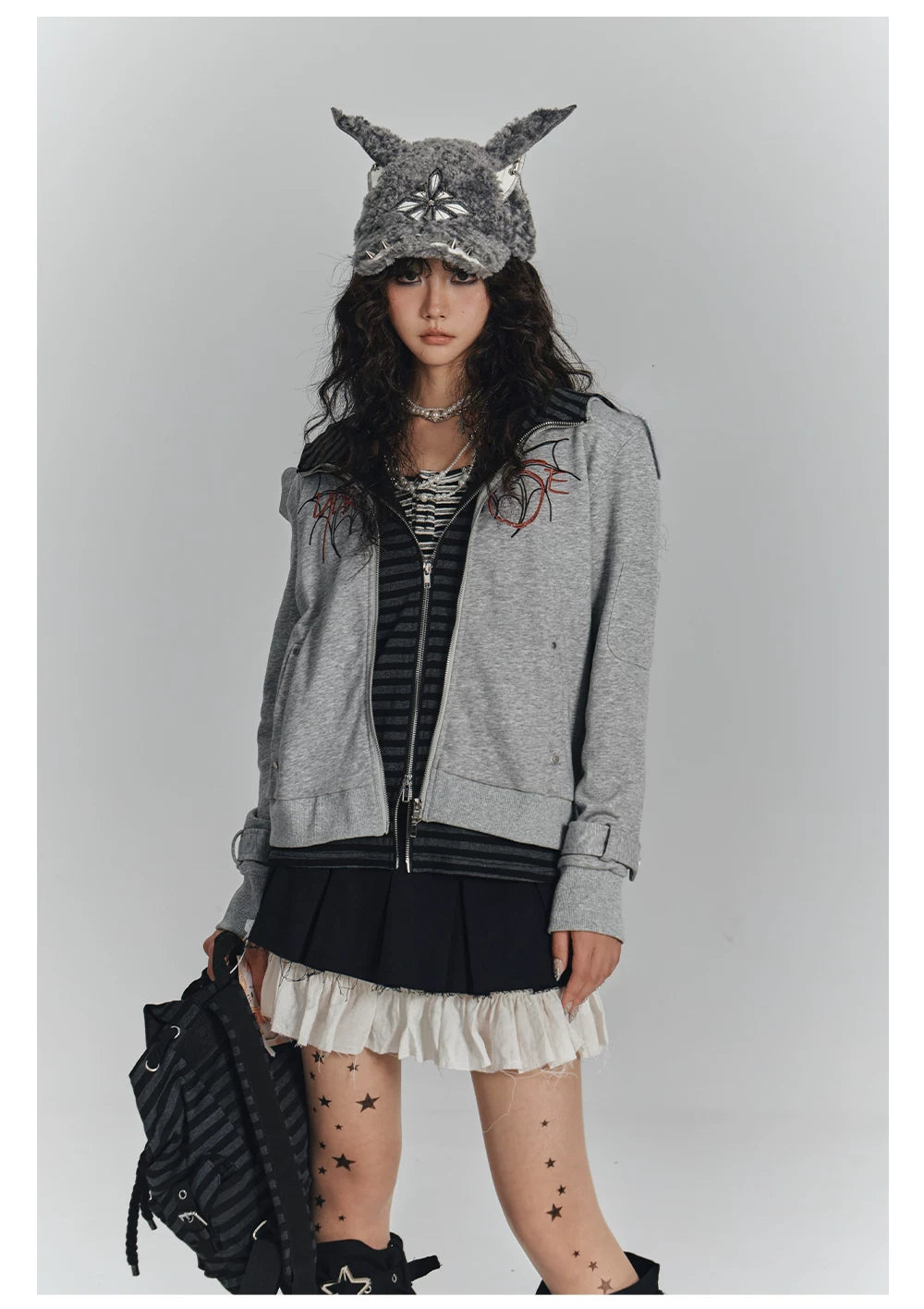 Embroidery Fake Layered Double Zipper Hoodie