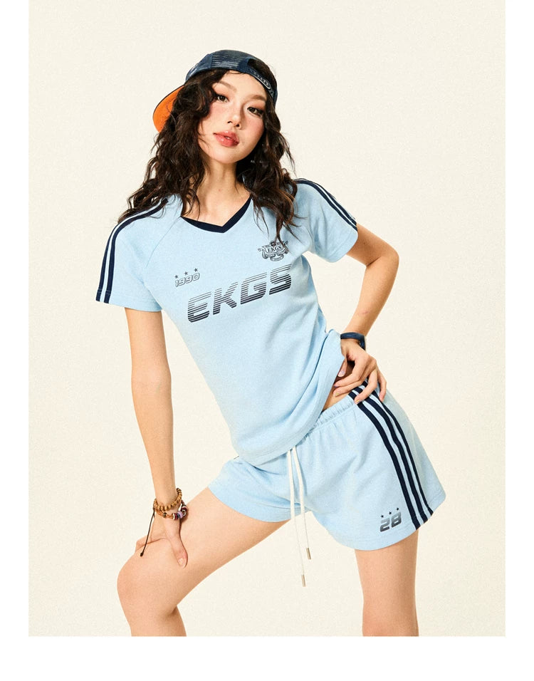 Stripe Letter Print Short Sleeve T-Shirt & Short Pants Setup