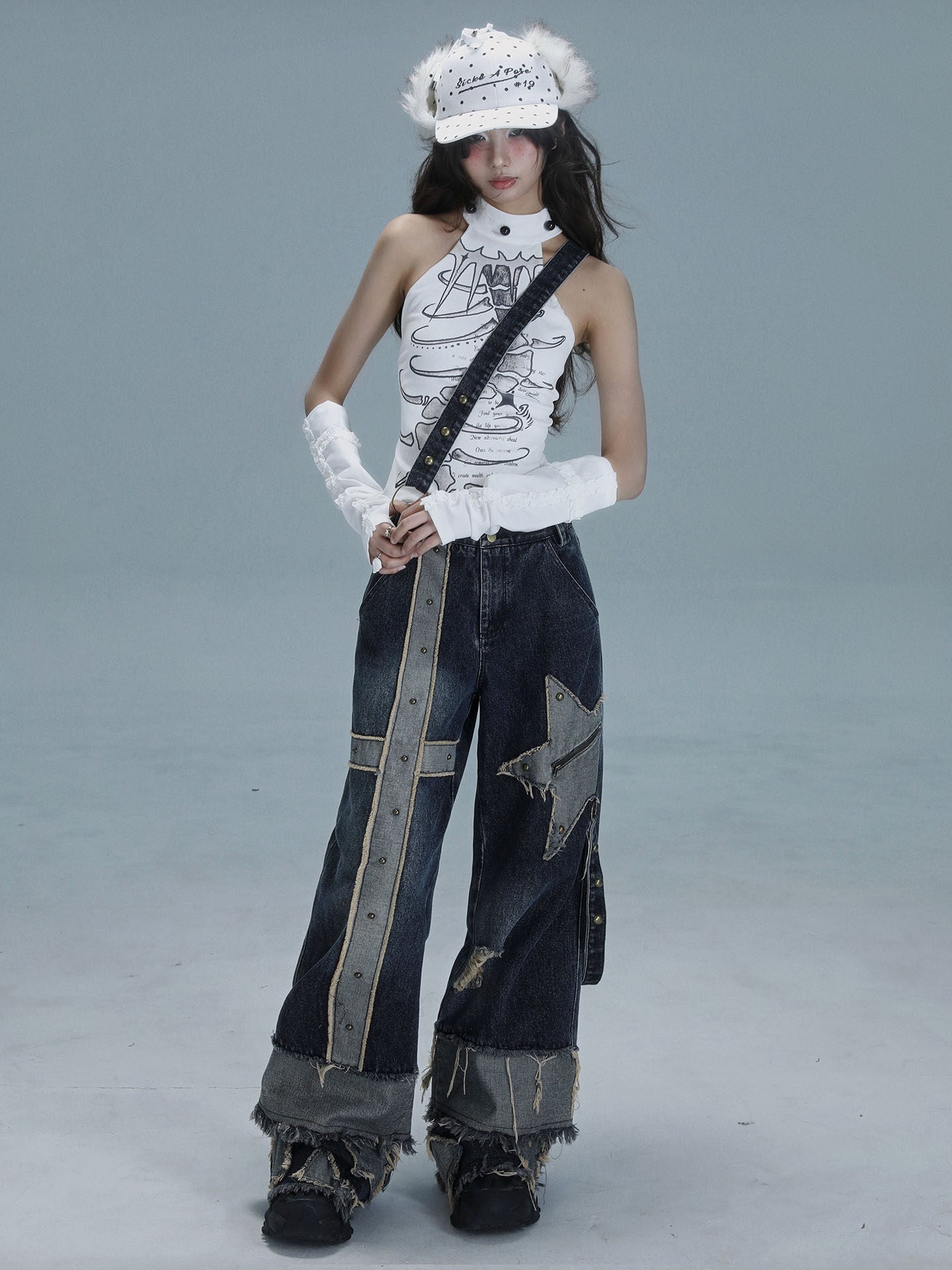 Low Waist Wide Leg Washed Stud Denim Jeans
