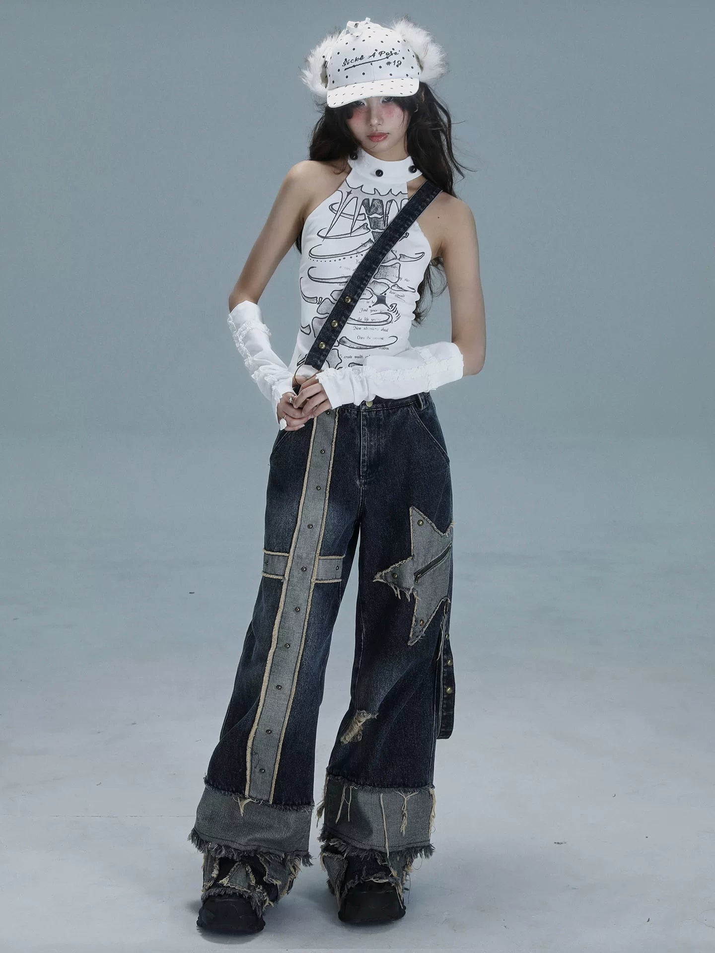 Low Waist Wide Leg Washed Stud Denim Jeans