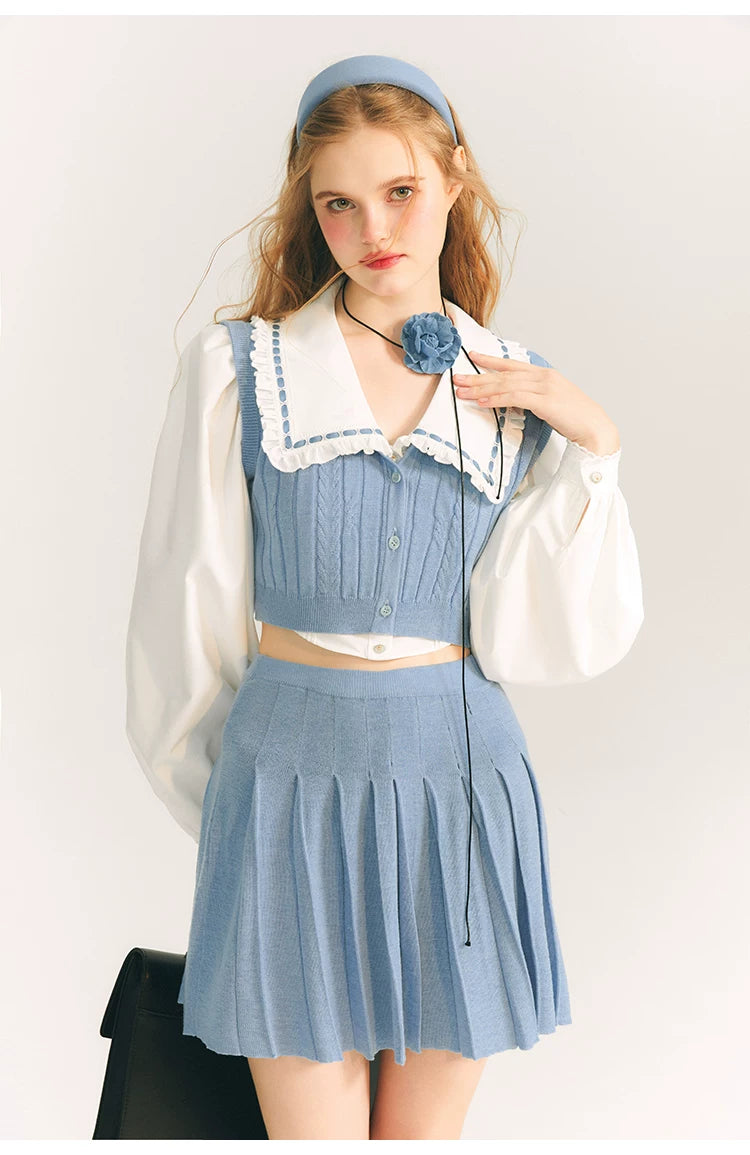 Button Knit Vest & Knit Pleated Skirt Setup