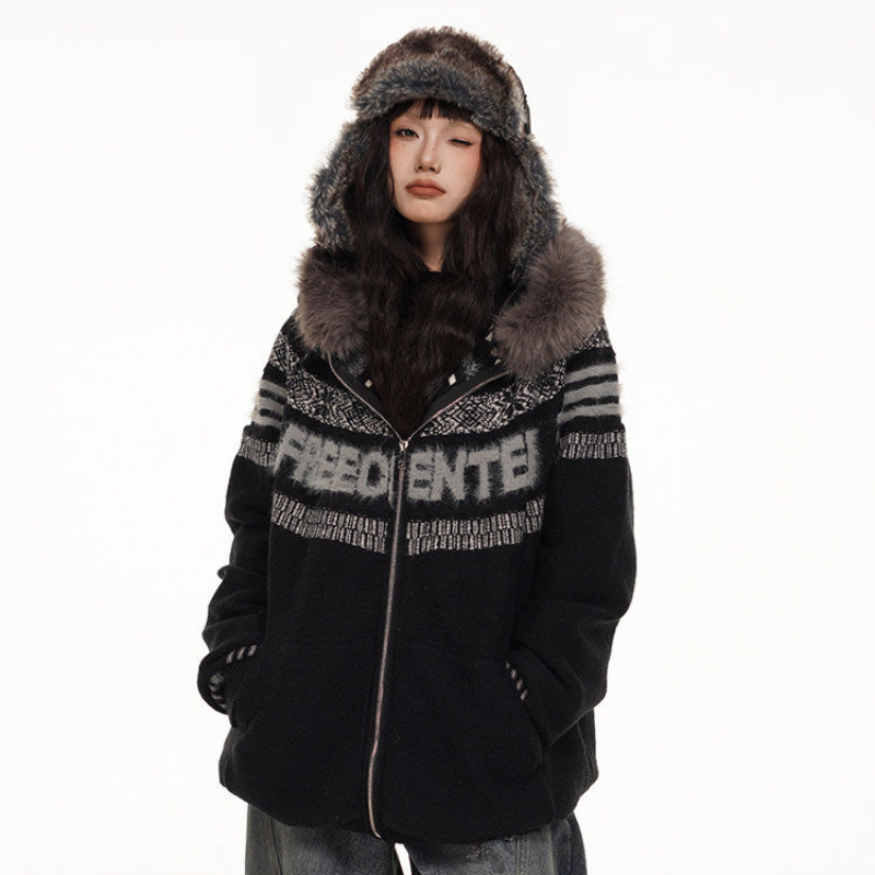 Fair Isle Hooded Detachable Fur Collar Knit Cardigan