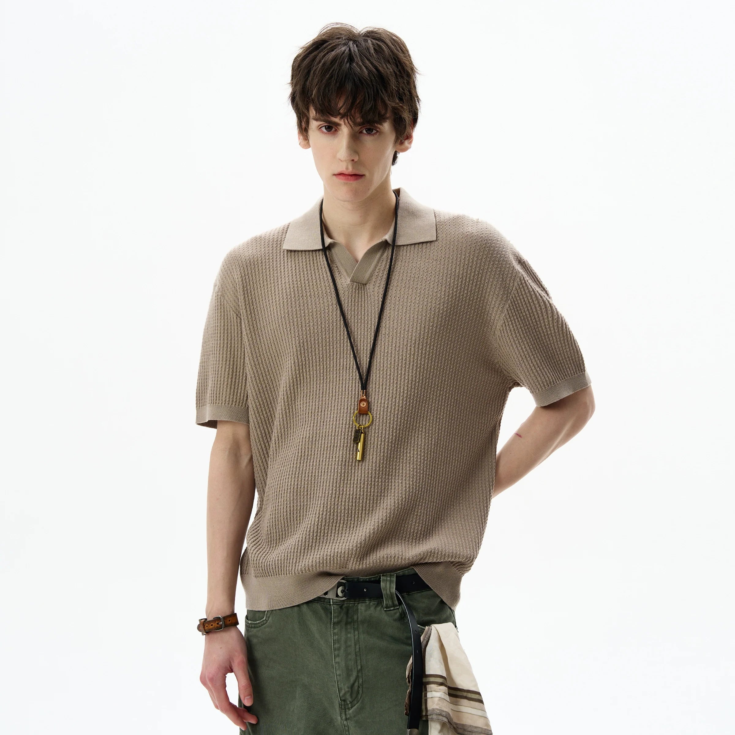 Retro Textured Polo Knit T-shirt - MADXMARX