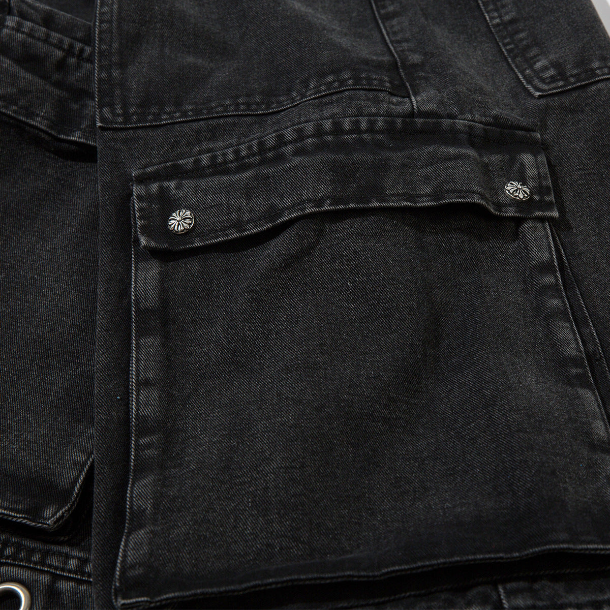 Washed Eyelet Cargo Denim Jeans