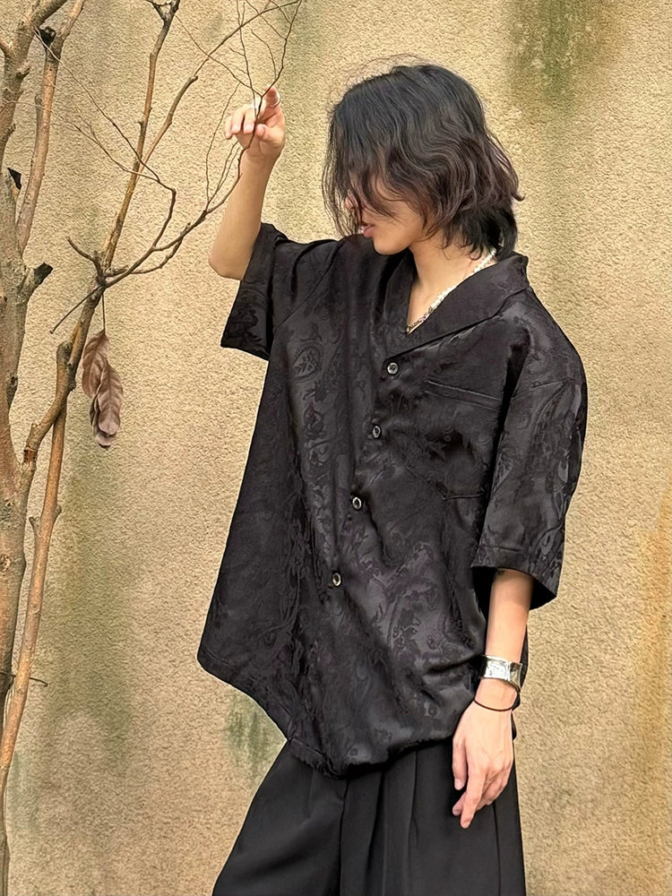 Jacquard Texture Cuban Collar Short Sleeve Shirt