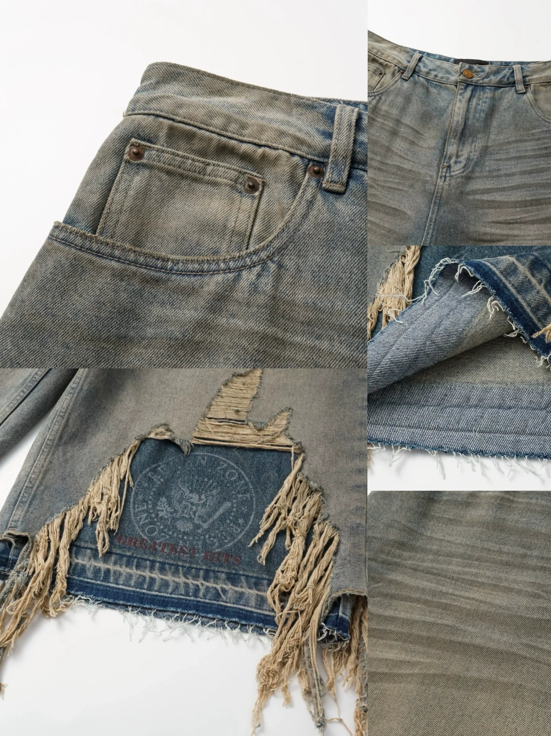 Washed Whisker Patchwork Half Denim Jeans