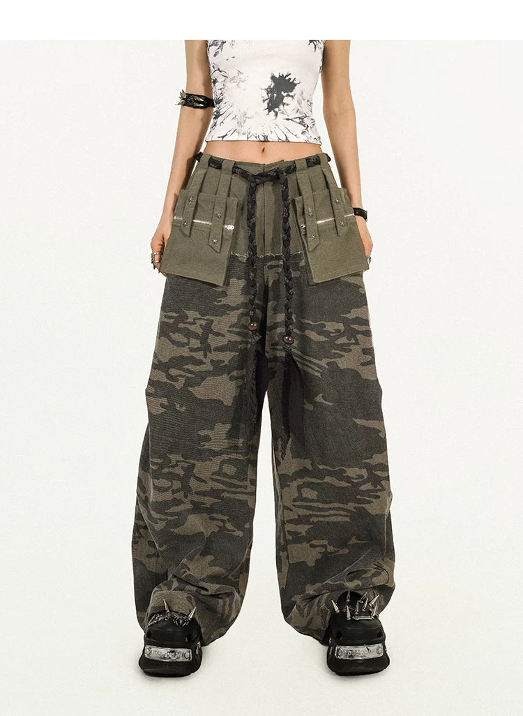 Heavy Craft Camouflage Multi-Pocket Wide Leg Cargo Pants