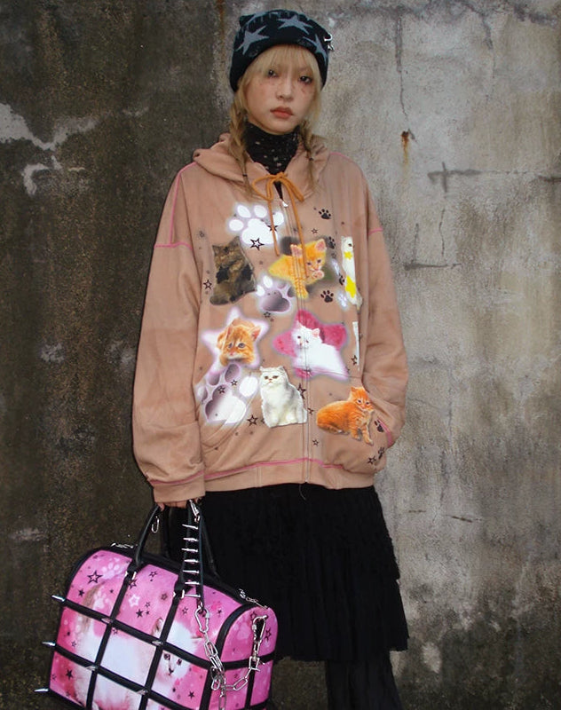 Cat Print Zipper Hoodie