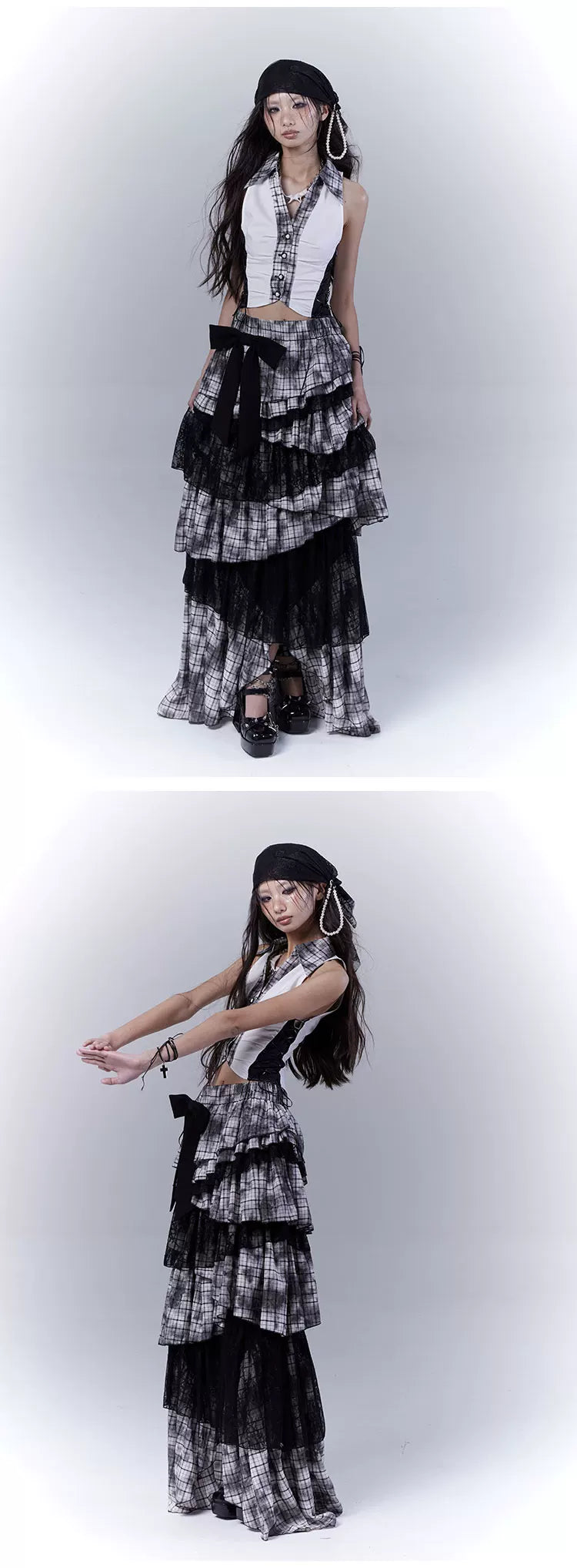 Lace Plaid Tiered Asymmetric Skirt