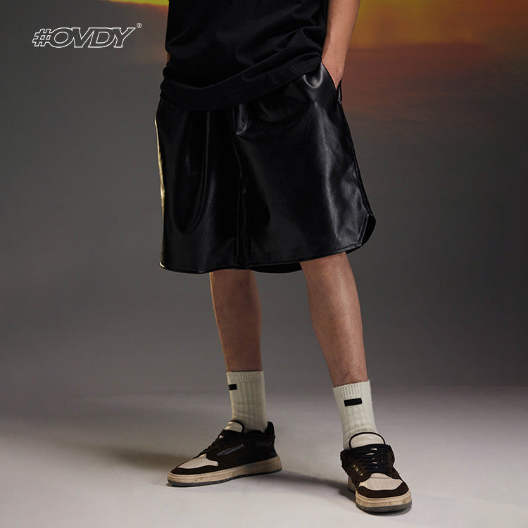 Washed PU Leather Drawstring Oversize Short Pants