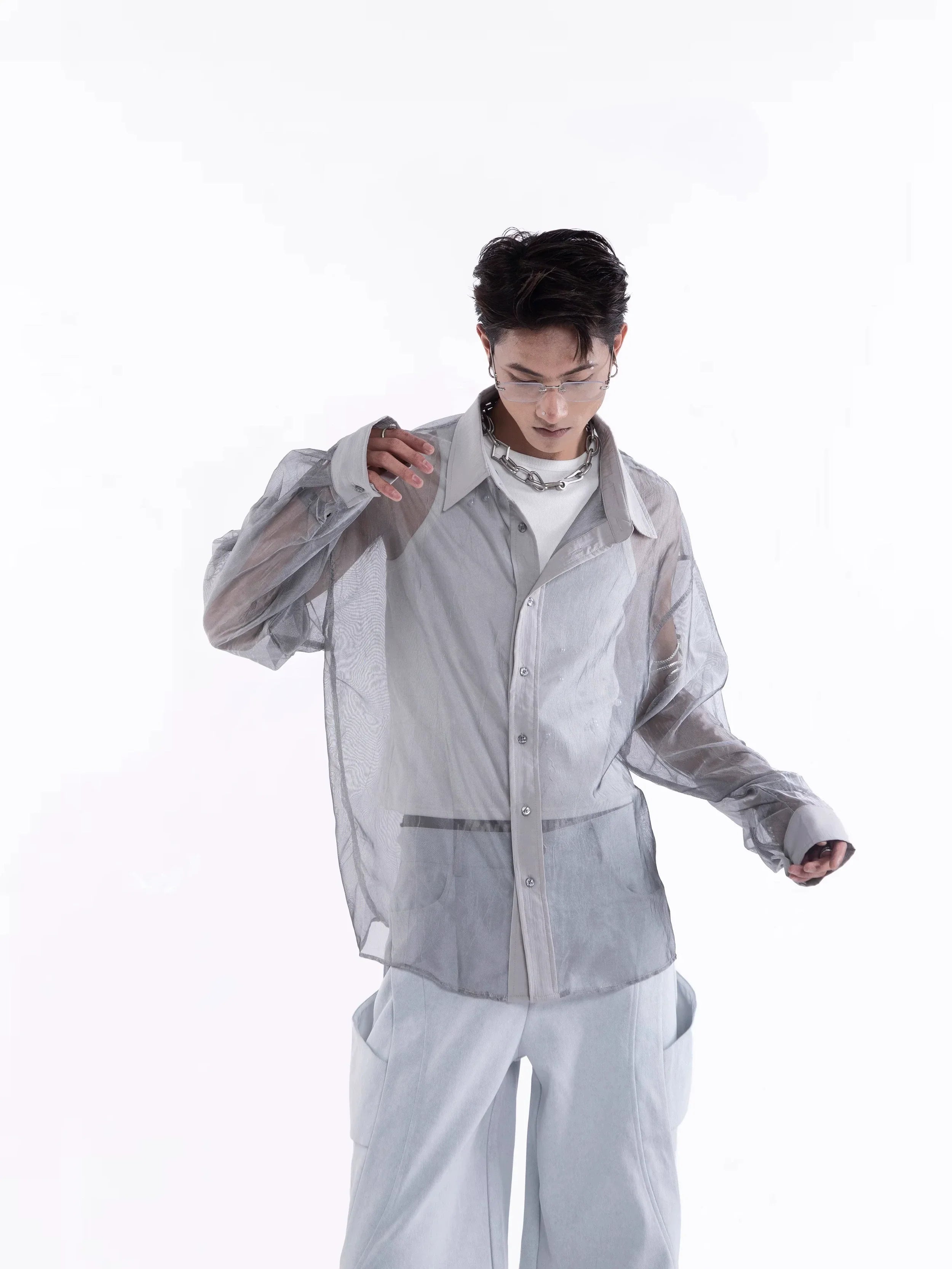 Sheer Draped Oversize Long Sleeve Shirt