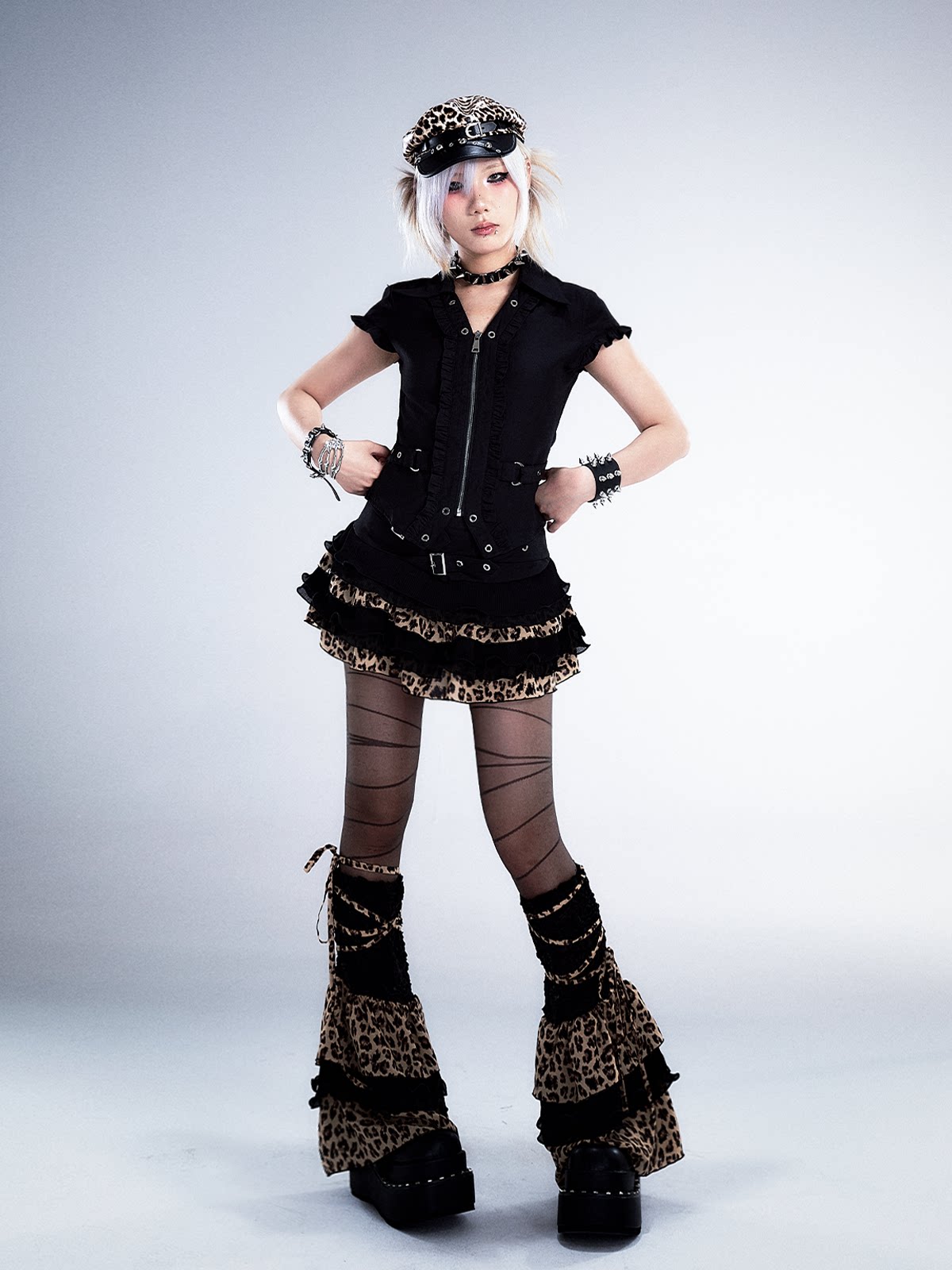 Ruffle Trim Waist-Cinching Short Zipper Shirt