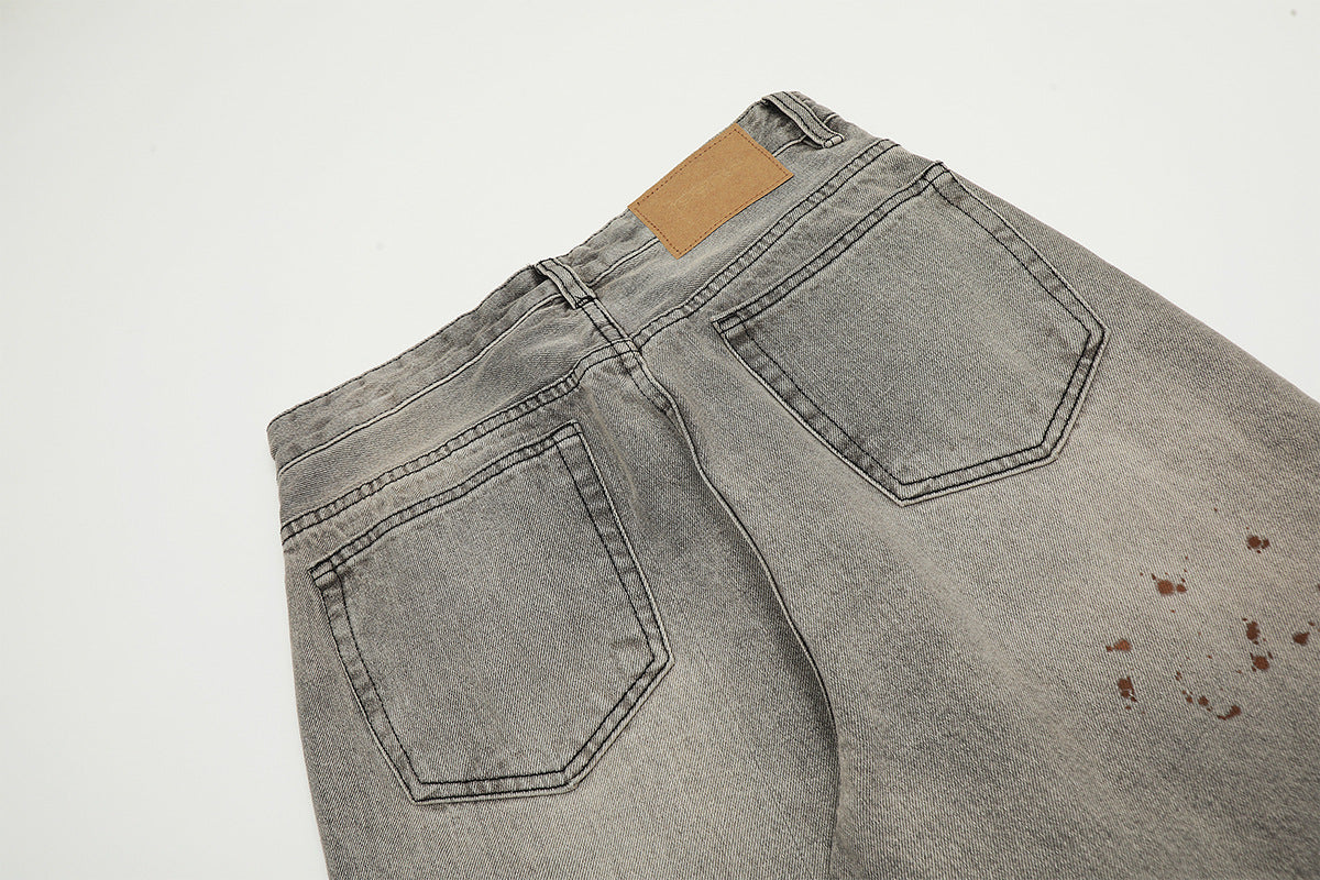 Washed Damage Straight Wide Leg Denim Jeans