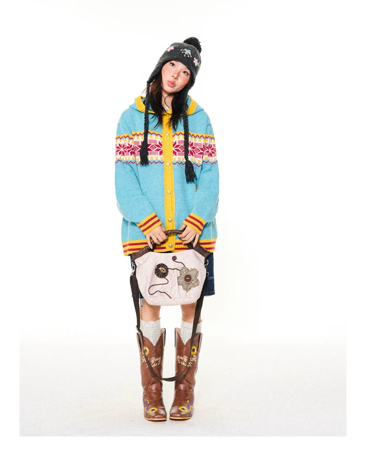 Contrast Pattern Hooded Knit Cardigan