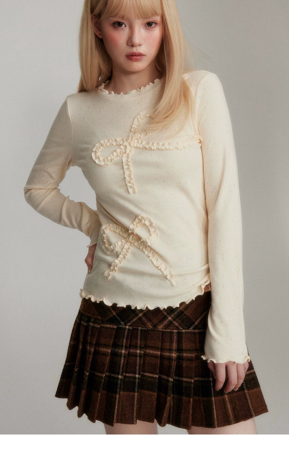 Dot Pattern Bow Lyocell Thermal Long Sleeve T-Shirt
