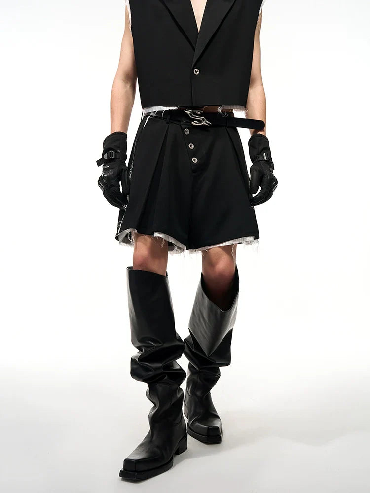 Frayed Hem Sleeveless Tailored Jacket & Short Setup