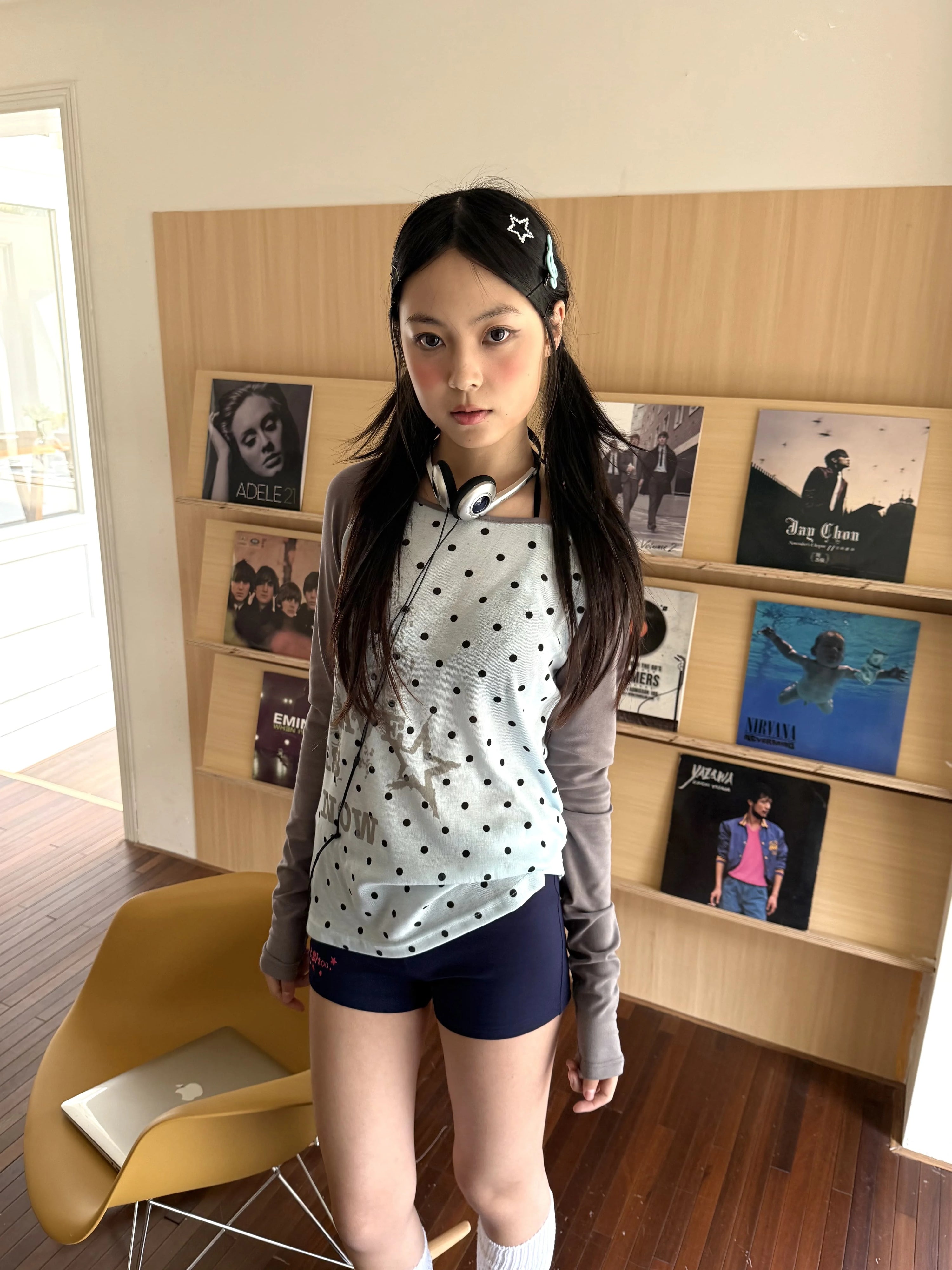 Polka Dot Letter Print Fake Layered Fitted Long Sleeve T-Shirt