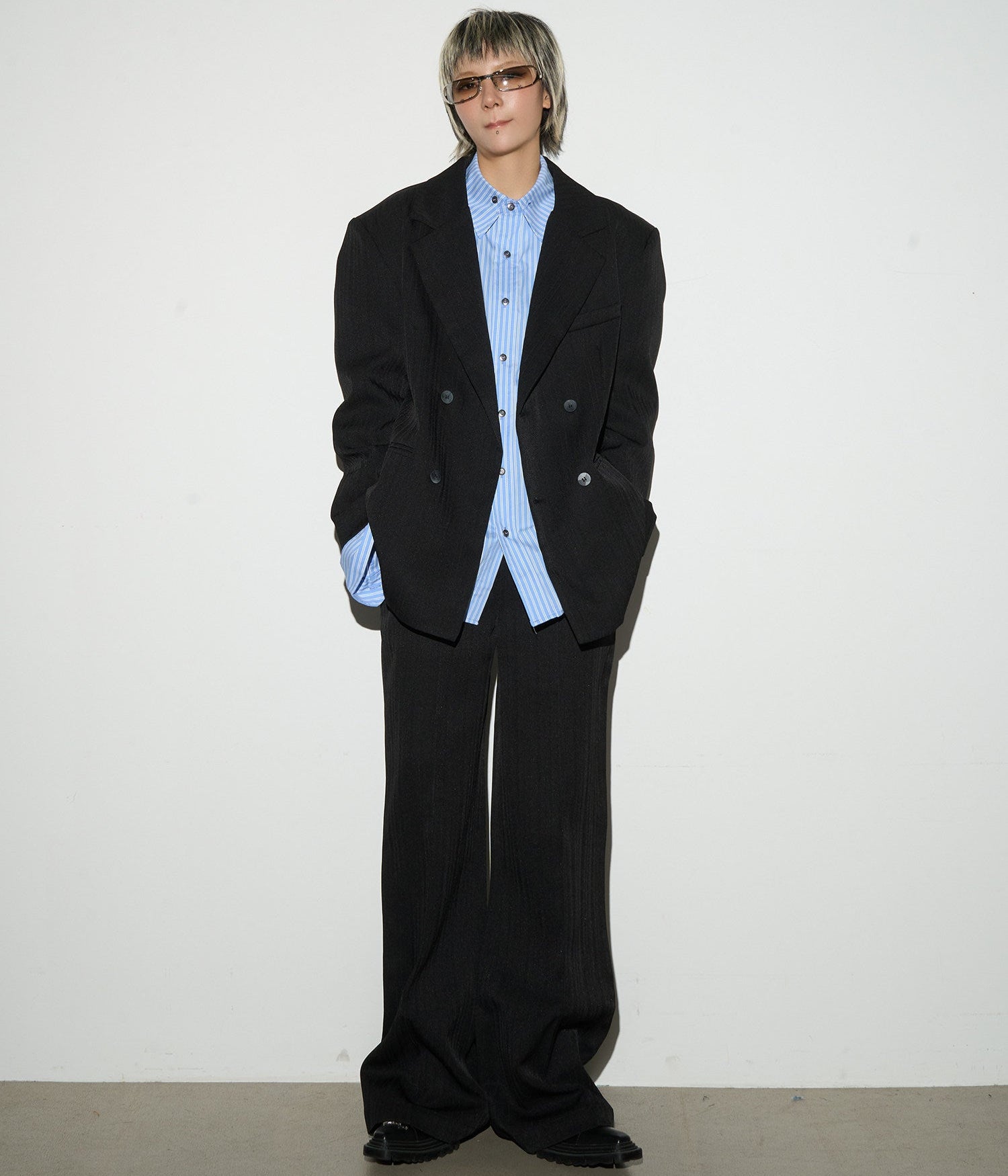 Shoulder-Pad Draped Tailored Jacket & Trousers Setup