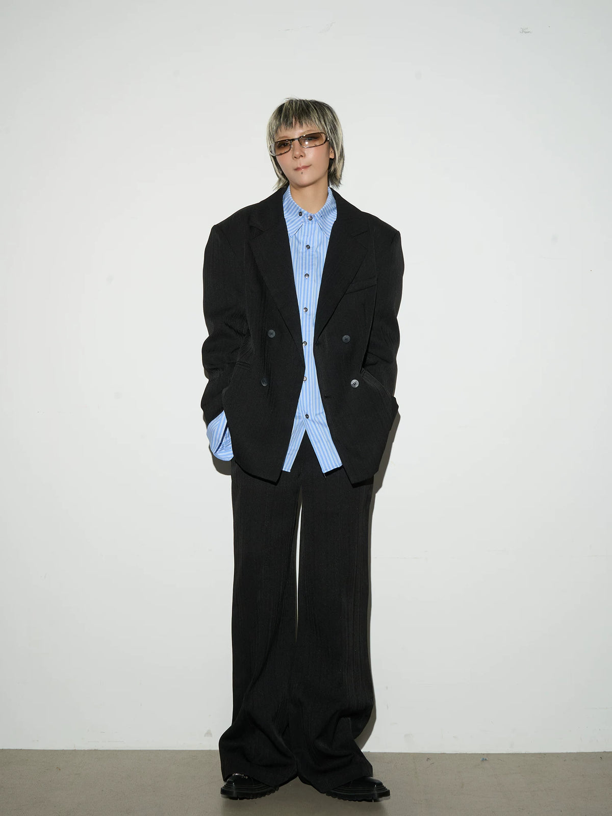 Shoulder-Pad Draped Tailored Jacket & Trousers Setup