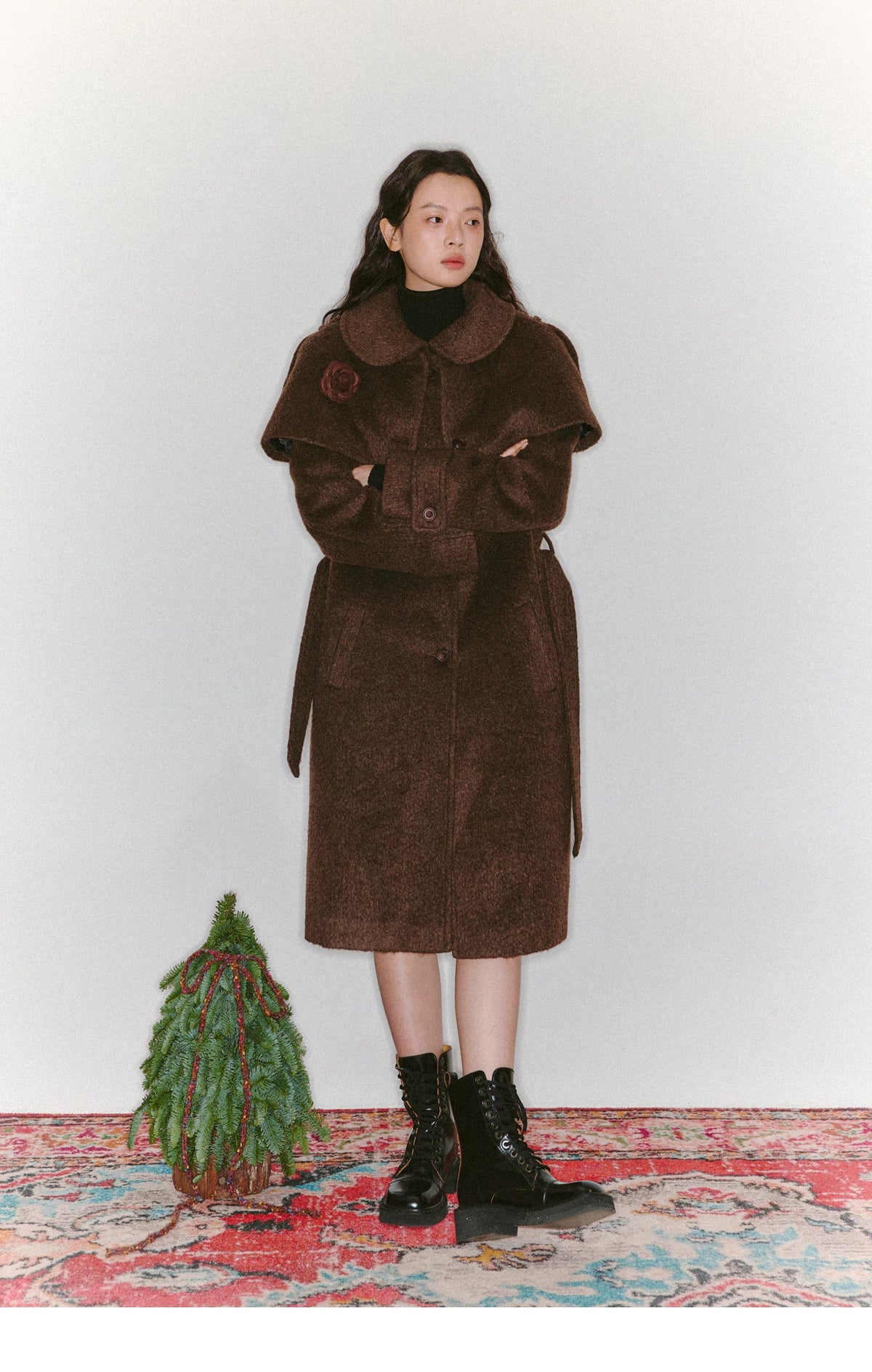 Cape Collar & Flower Detail Belted Coat