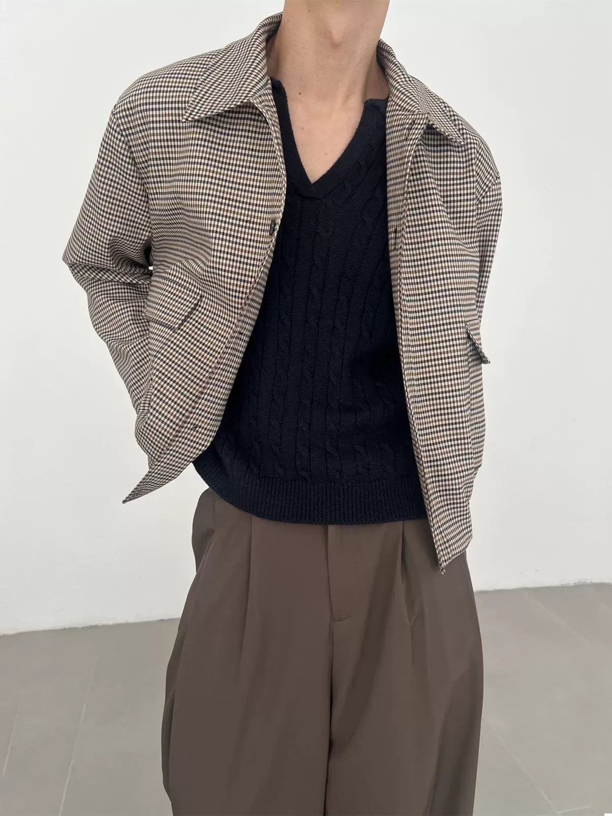 Plaid Shoulder-Pad Long Sleeve Shirt