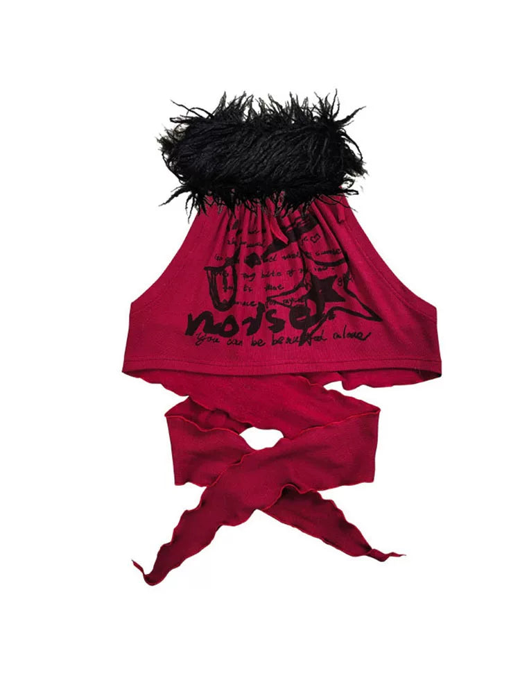 Red & Black Rock-Inspired Detachable Fur Collar Two-Way Camisole