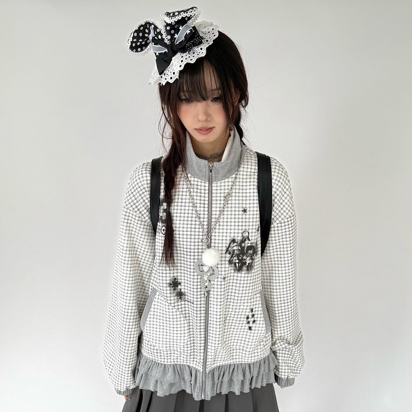 Checkered Ruffle Hem Oversize Zipper Hoodie