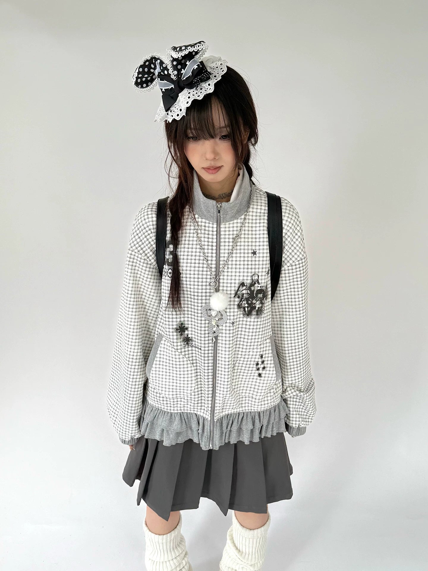 Checkered Ruffle Hem Oversize Zipper Hoodie