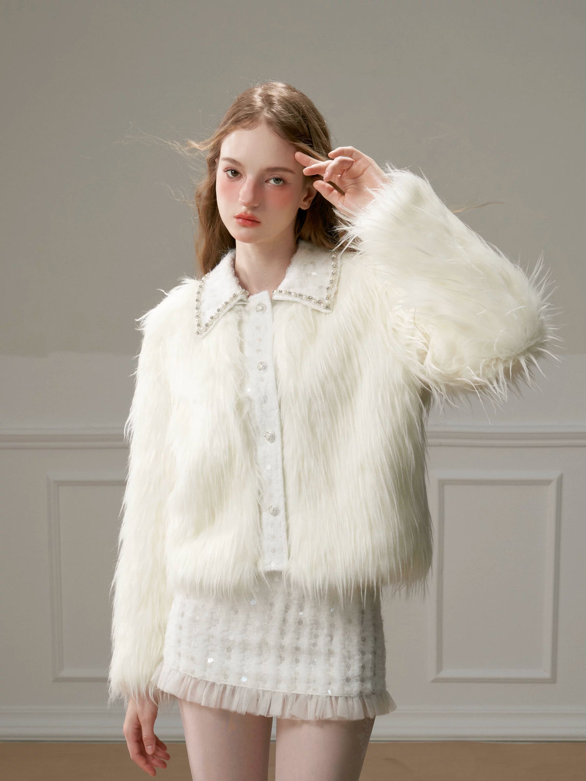 Eco Fur Warm Jacket & Short Skirt & Long Skirt Setup
