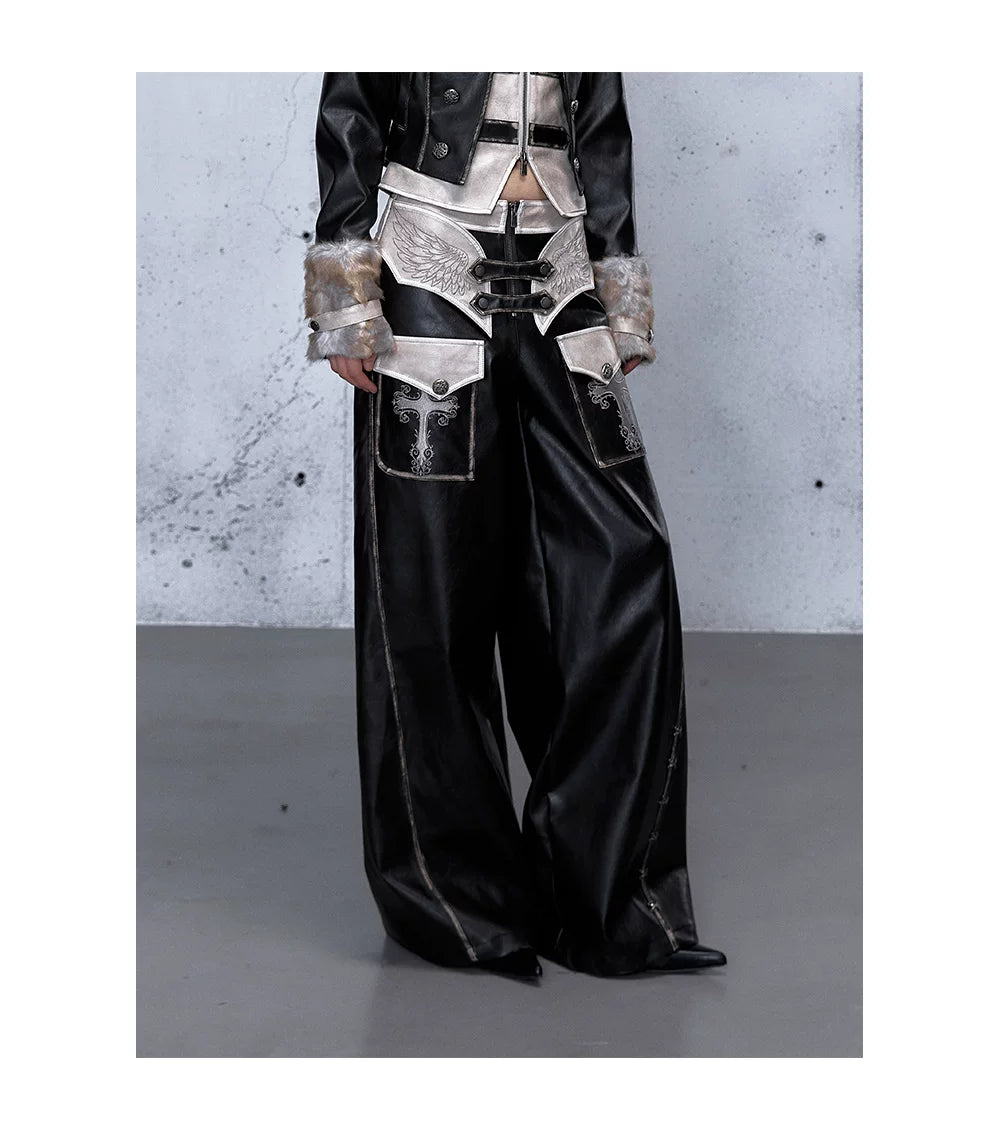 Lace Panel Buckle Detail Wide Leg PU Leather Pants