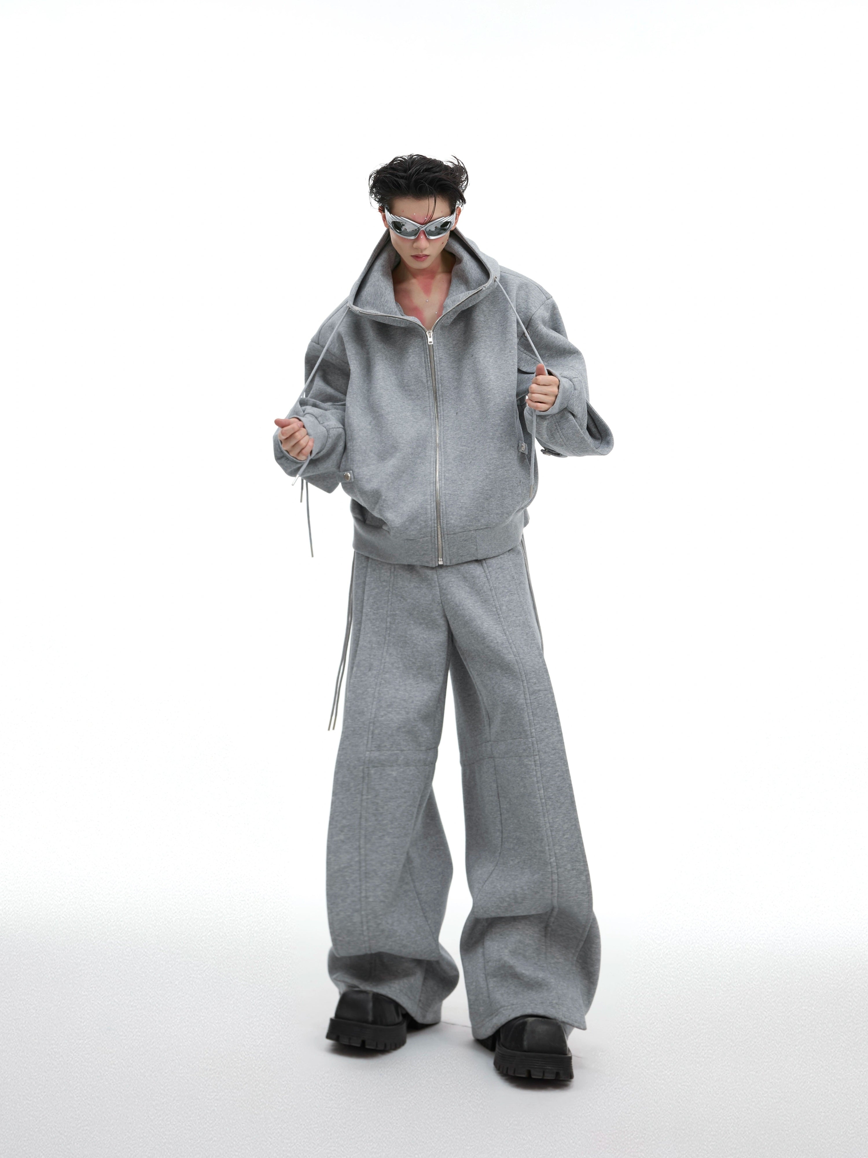 Drawstring Design Oversize Zipper Hoodie & Wide Leg Sweatpants Setup