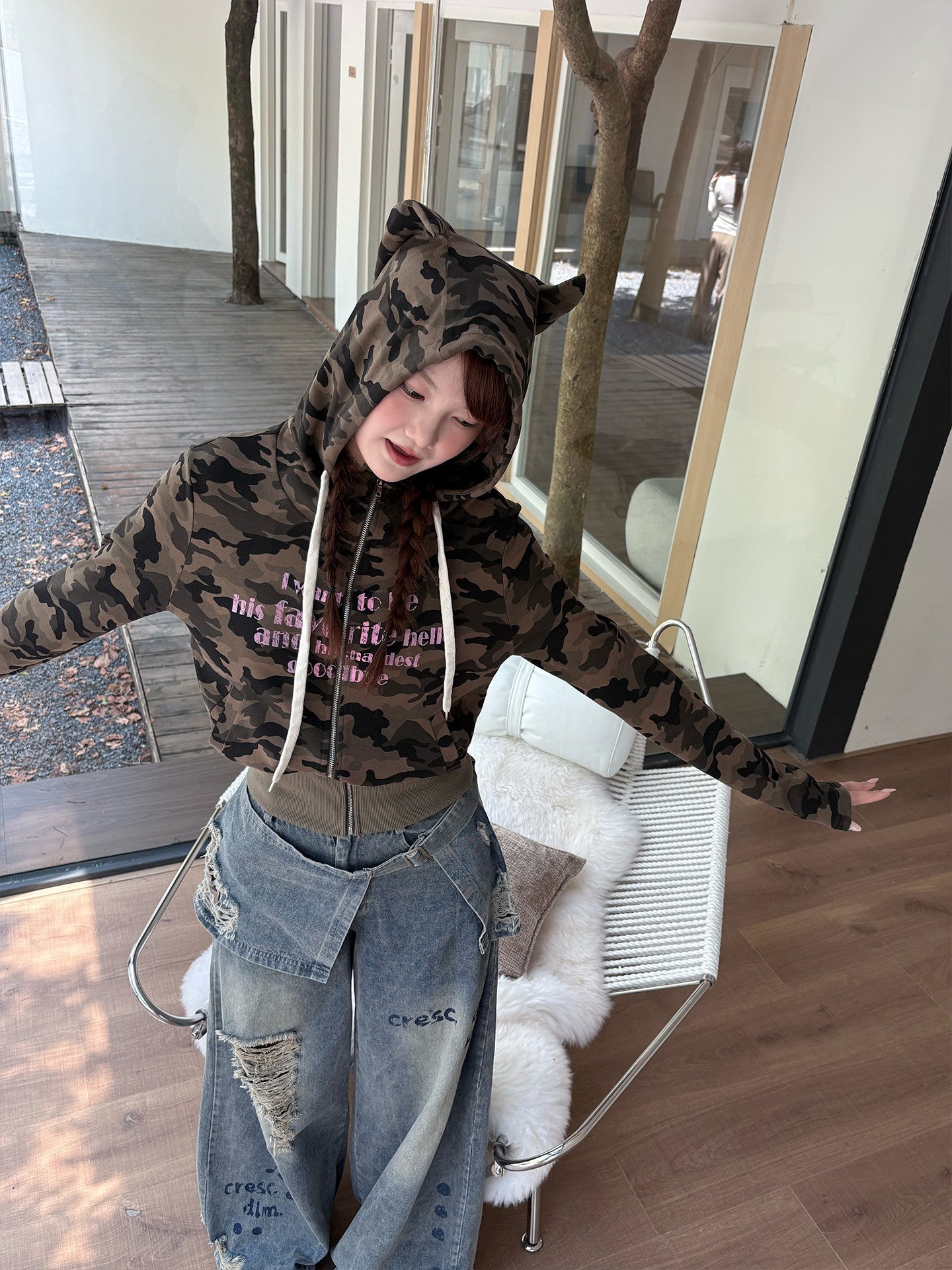 Devil Horn Hooded Print Zipper Hoodie
